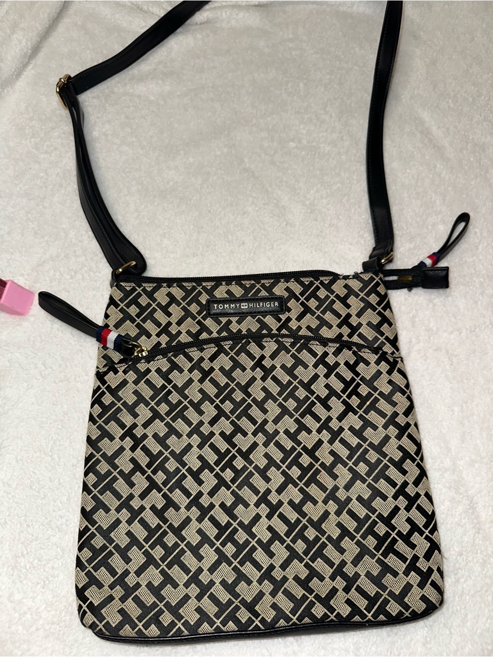 Tommy Hilfiger Black & Beige Patterned Crossbody Bag